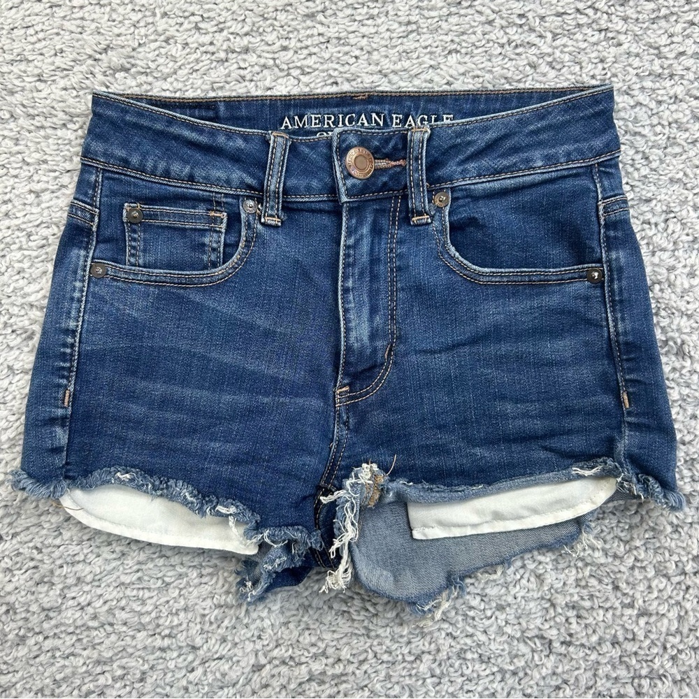 American Eagle Shorts Womens 2 Hi Rise Shortie Super Stretch Dark Wash Raw Hem